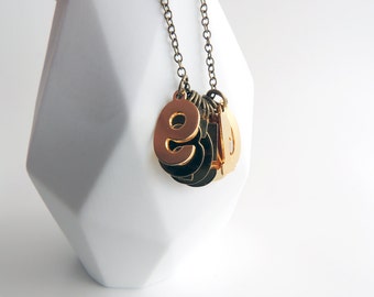Brass Number Charm Necklace -- Cluster Pendant -- Brass Chain -- UK Shop