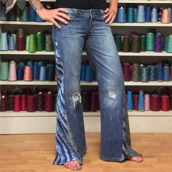 Upcycled Blue Jeans with Neckties/Bell Bottom by sewsomer on Etsy