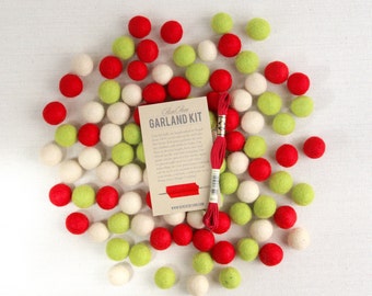 Felt Pom-Poms // Classic Christmas // Wreath Garland, Green and Red Beads, Holiday Garland, Tree Garland, DIY Kids Craft, Felt Beads