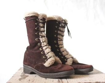 Vintage 1970's Suede Leather Lace Fleece Boots Sz 5