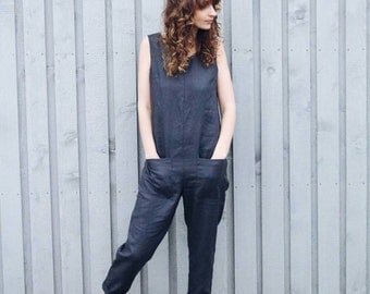 Linen Jumpsuit - Charcoal Grey Linen Jumpsuit - Linen Overall - Organic Linen Romper - Women Jumpsuit - Linen Jumpsuit - Handmade by OFFON