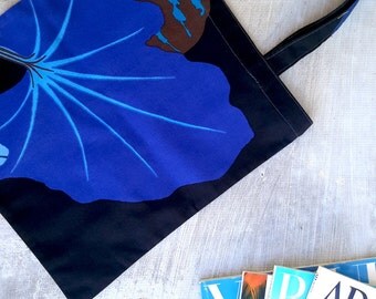 Marimekko Tote - Cotton Market Tote Bag - Marimekko Fabric Kumina - Library Tote Bag - Overnight Tote Bag - Blue Floral Bag 30x33cm (12x13")