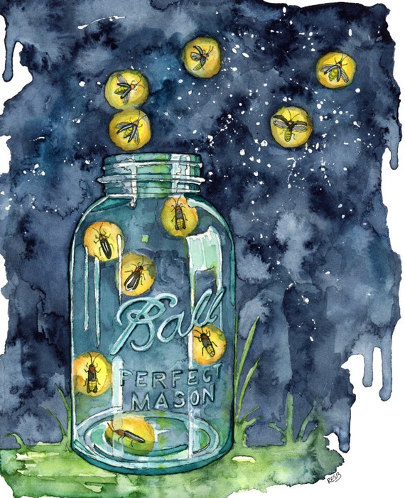 Watercolor Firefly Jar Painting Print titled A Summer