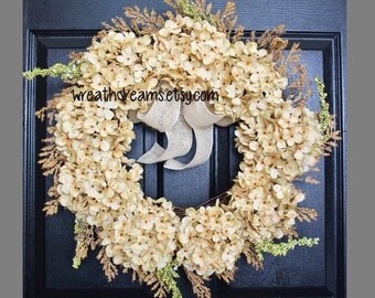 BEST SELLER! Antique White Hydrangea Wreath. Burlap Wreath. Year Round Wreath. Spring Wreath. Summer Wreath. Monogram Wreath. Door Wreath