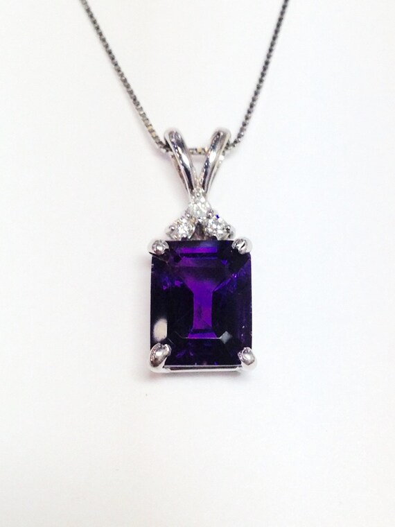 Amethyst Gemstone Emerald Cut White Gold Diamond Necklace