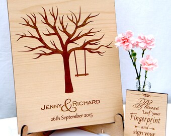 Personalised Wedding Guest Book Alternative,Wooden Engraved Fingerprint Tree, Rustic Wedding, Ink Pads, Sign & Pen Included!