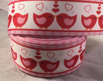 Love Bird Ribbon - 1.5 Inch Grosgrain Ribbon- Valentine Ribbon for Hairbows, crafting and more! Pink and Red Love Bird Ribbon- Valentines