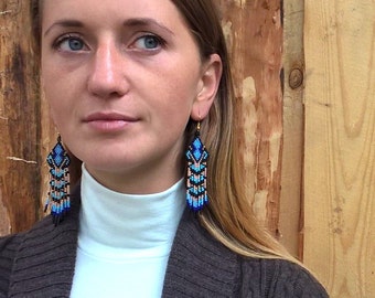 Blue & Bronze Native America Bead Earrings, Native American Big Earrings, Native American Jewelry, Long Bead Earring
