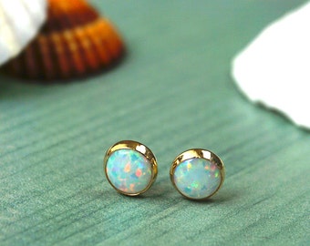 14K Opal Stud Earrings, 14k Gold Earrings, White Opal Earrings, Opal Earrings, Gold Studs, Gift for her, October Birthstone, Opal Jewelry