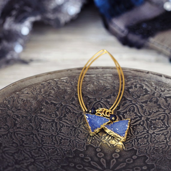 Blue Druzy Earrings - Modern Triangle Earrings