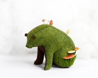Forest Spirit / Sitting Bear Soft Sculpture / Grizzly Bear Art / Green Bear