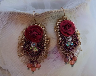 Roses earrings, lace earrings, Boho statetement earrings, bead embroidery textile jewelry, long lightweight red flower earrings, red roses