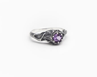 Tree Amethyst Ring Silver, Gemstone Ring, Forest Wedding Jewelry, Amethyst Engagement Ring, Sterling Twigs, Tree Stump, Branches, Woodland
