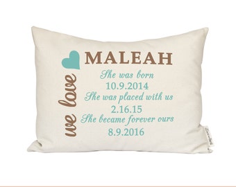 Adoption Pillow, Baby Announcement, Adopted Baby Shower Gift, Personalized Baby Pillow, First Birthday, Adoptive Parents, New Baby