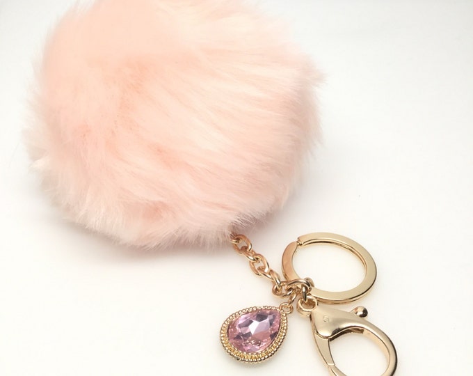 NEW! Faux Rabbit Fur Pom Pom bag Keyring keychain artificial fur puff ball in Pale Pink Crystals Collection