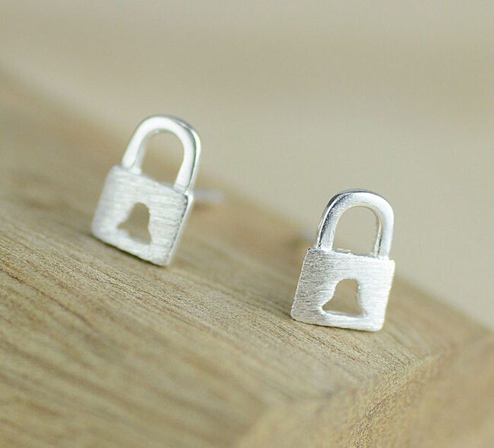 Silver Lock Stud EarringsTiny EarringHollowed Stud by ALLBlings