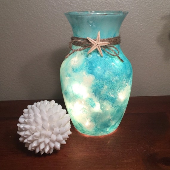 Sea glass beach vase Lighted vase Beach decor by DebDebsCrafts