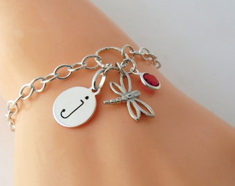 Silver Dragonfly Bracelet, Dragonfly Bracelet,Silver Dragonfly Jewelry, Insect Bracelet, Initial Charm Bracelet