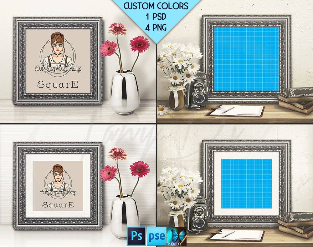 Square T03 Ornate 10x10 Silver Matted Unmatted Frame on Table