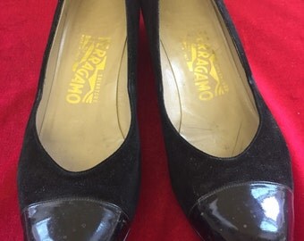 Salvatore Ferragamo suede and patent leather slip on black heels size 8