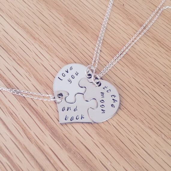 Personalised Heart Necklace Three Puzzle Pieces Necklaces Hand