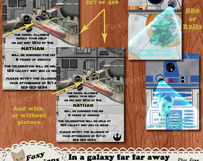In a Galaxy Far Far Away Birthday Invite & Thank You Card. Comes in 5x7 or 4x6. You can add a photo of your child. Can be emailed or printed