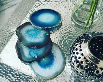 ON SALE!! Teal Agate Slice Coaster Sets // Boho Decor // Hard to find Black, Champagne or Teal // Set of 4 or 6