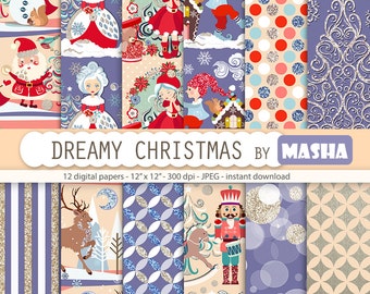 Christmas patterns: "Dreamy Christmas Digital Paper" with Santa Claus pattern, reindeer pattern, winter pattern, 12 images 300 dpi. jpg file