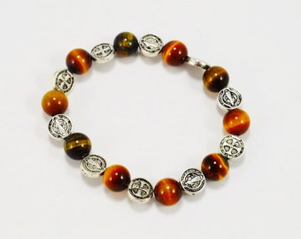 Tiger Eye St. Benedict Bracelet . Tiger Eye Stacking Bracelet . Tiger Eye Bracelet . St. Benedict Protection Bracelet . Benedictine Bracelet