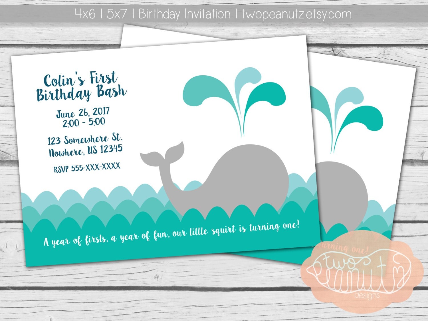 Whale Birthday Invitation Printable Digital by TwoPeanutz on Etsy