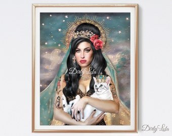 Saint - Amy Winehouse - Art Print - Virgin Mary - Gypsy - Witch - Illustration - Painting - Cat Art - Cat Painting