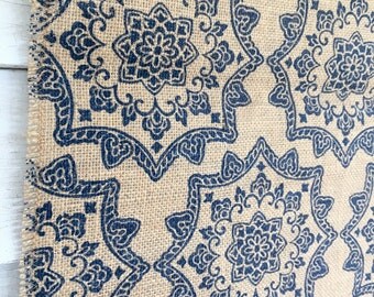 BURLAP Table Runner Blue Medallion Print RUNNER MANDALA