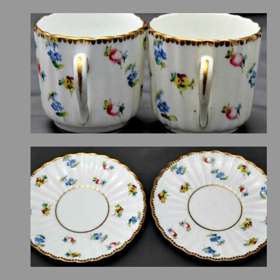 Antique Set Of 2 Victorian Demitasse Tea Cups And Saucers By