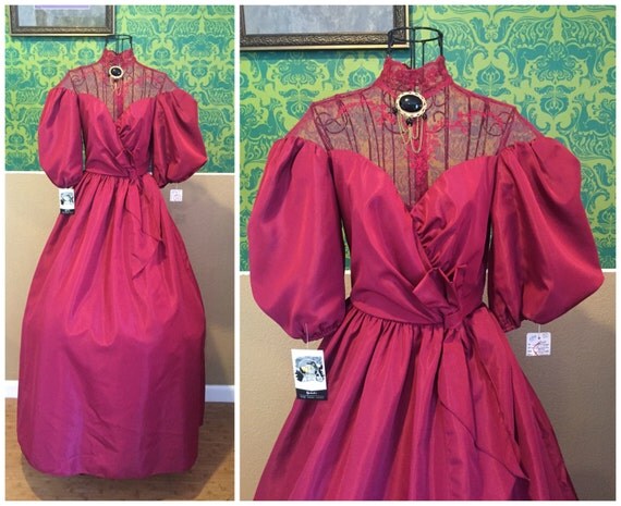 Vintage Victorian Style Dress - Raspberry Victorian Dress Ball Gown Steampunk Red Lace Leg of Mutton Sleeves - XS S by SputniksCuriosities steampunk buy now online