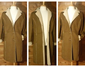 Vintage Sherpa Coat, Faux suede coat, Long coat, Winter coat, long Overcoat, Oversize Plus Size Coat, Faux Shearling coat | Extra large