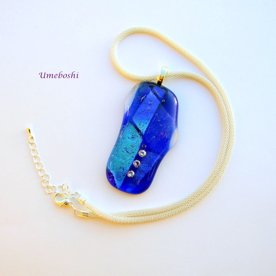 One-of-a-kind Handmade Dichroic Fused Glass Large Triplet Zirconia Necklace Pendant by Umeboshi Jewelry Designs