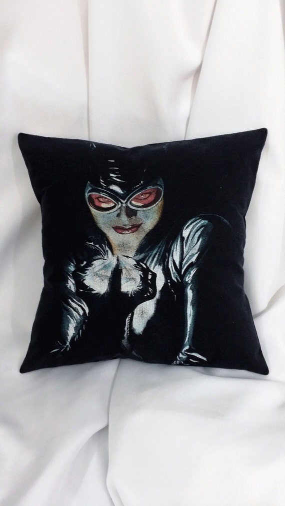 Catwoman shirt made into a throw pillow. Comic by NoCapesStore