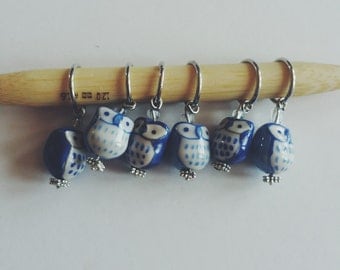 Blue Owl Stitch Markers - Set of 6