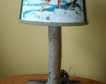 Wooden lamp with deer scene shade
