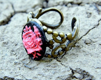 Dark Rose Steampunk Statement Ring,Adjustable Brass Ring,Steam punk Red Rose