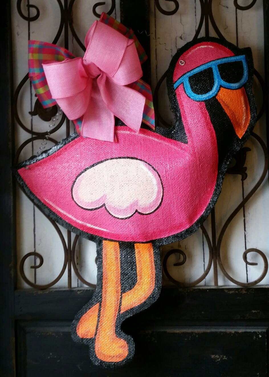 Pink Flamingo Burlap Door Hanger Decoration by ConnieRisleyCrafts