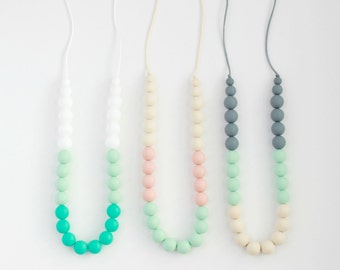 Sophie Silicone Teething Necklace, Nursing Necklace, Silicone Teether, Chew Toy Biting Beads, Mint Gray Cream Necklace, Baby Shower Mom Gift