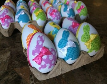 Easter bunny egg decor, hand decorated eggs set,decoupage Easter egg, farmhouse kitchen Easter,shabby chic Easter, hostess gift, set of 6.