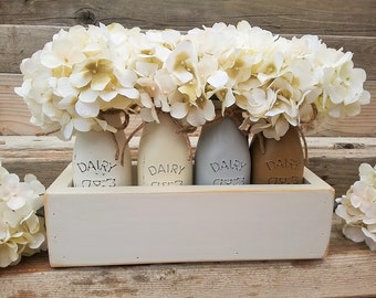Farmhouse Kitchen Decor, Painted Milk Jar Centerpiece, Painted Jars, Painted Jar Centerpiece, Small Wood Tray with Jars, Farmhouse Kitchen