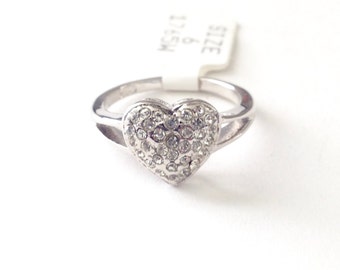 Vintage 18K Electroplated Pave Heart Rhinestone Ring Size 4-7