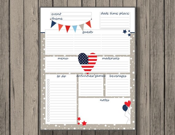 4th of July planner printable party printable party planner