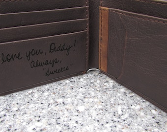 Your Handwriting Laser Engraved, Personalized Leather Wallet, Gift to Dad, Gift for HIm, Custom Wallet, Anniversary Gift, Father of Bride