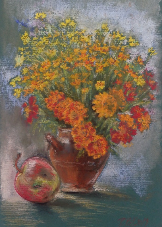 AUTUMN FLOWERS Pastel DRAWING Classic Still Life Original Art