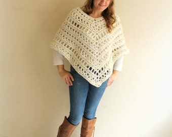 Items similar to BEIGE CREAM PONCHO Crochet Knit Chic Boho Poncho ...