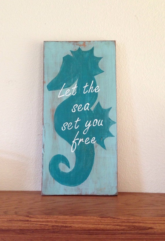 Large Distressed Wooden Seahorse Sign seahorse decor